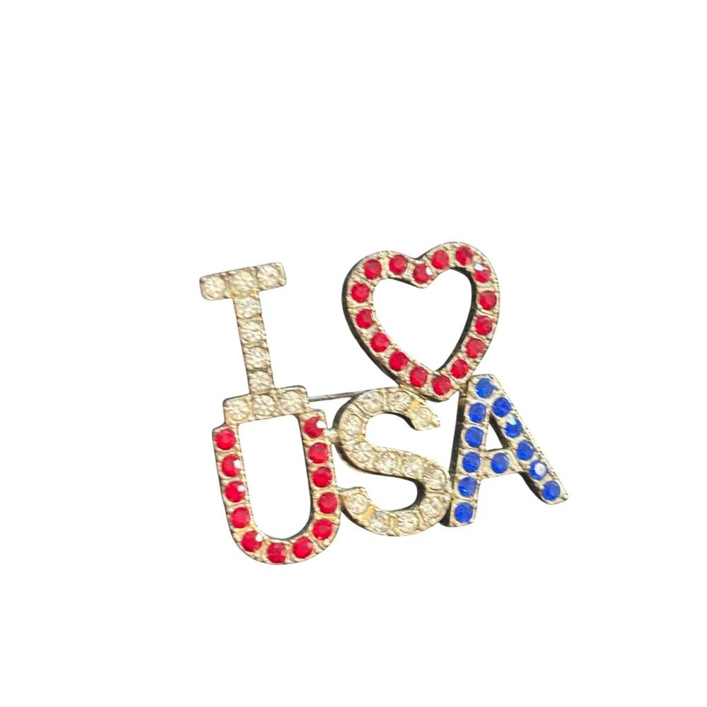 "I Love USA" Crystal Rhinestone Patriotic Brooch Pin